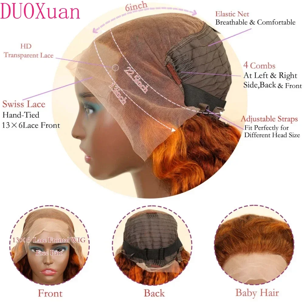 DUOXUAN 4/350 Ombre Highlightวิกผมผมมนุษย์สีส้มขิงWater Wave 13X6 HDวิกผมลูกไม้ด้านหน้าด้านหน้าบราซิลผมยาว 20 30 นิ้ว