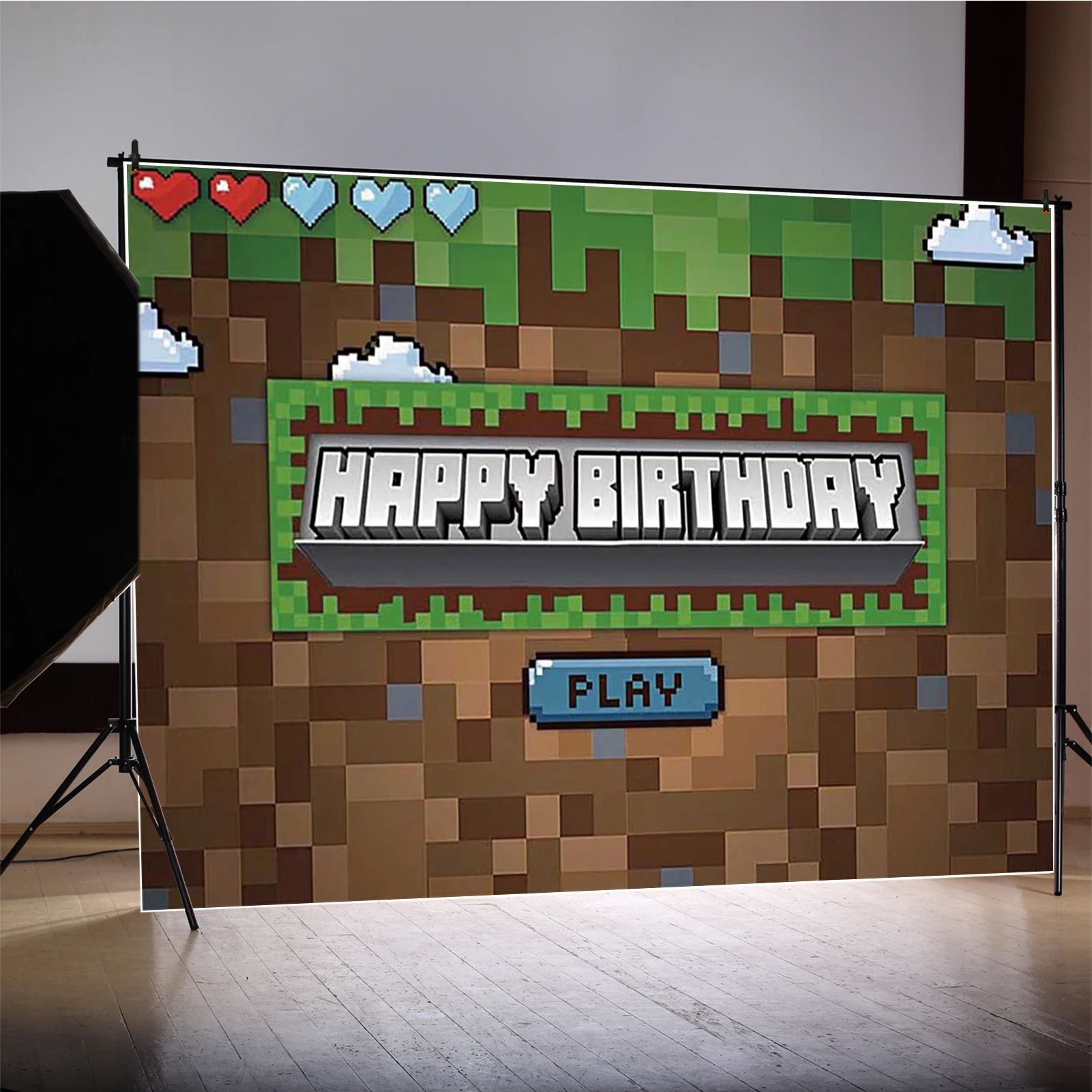 MOON.QG Blocky Pixel Game MC Kids حفلة عيد ميلاد زينة خلفية ثلاثية الأبعاد راية الغابات ملصق خلفية فوتوكول فوتوزون