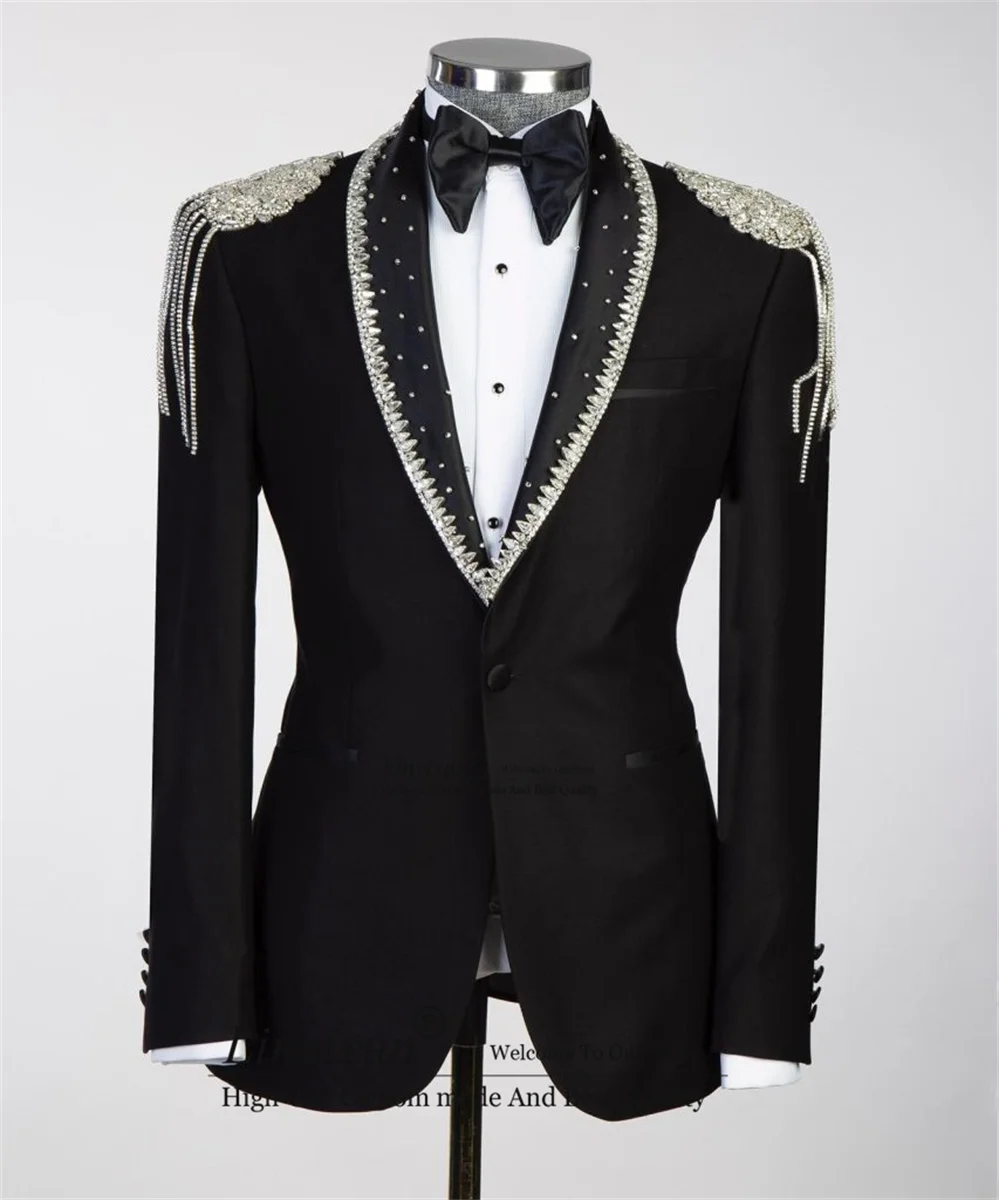 

Elegent Bead Crystals Mens Suits Slim Fit Groom Wedding Tuxedos 2 Pieces Sets Bridegroom Prom Blazers Fashion trajes para hombre