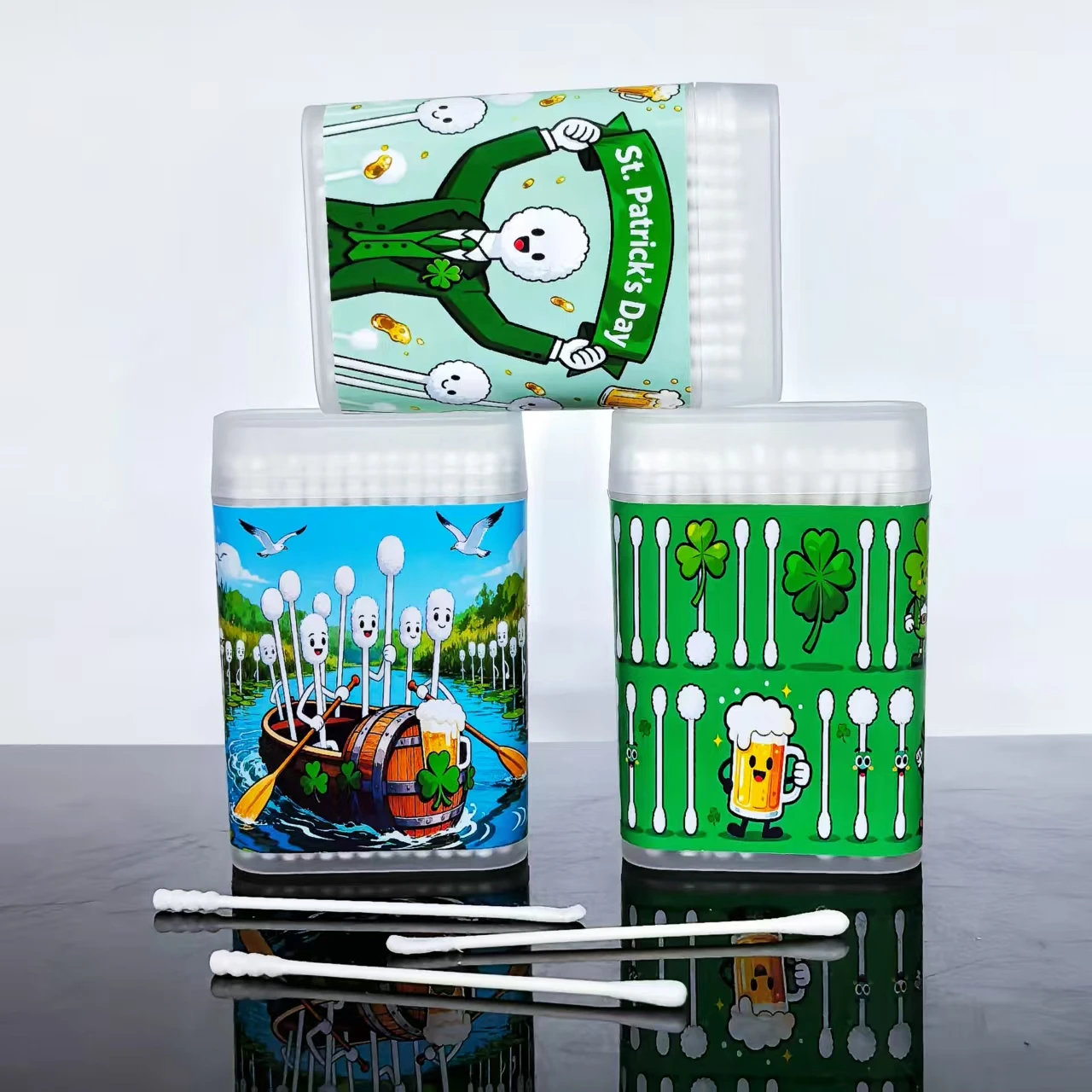 300pcs Irish Festival Cotton Buds, St. Patrick's Day Cotton Swabs, Double-Headed Thin Paper Stick Cotton Buds