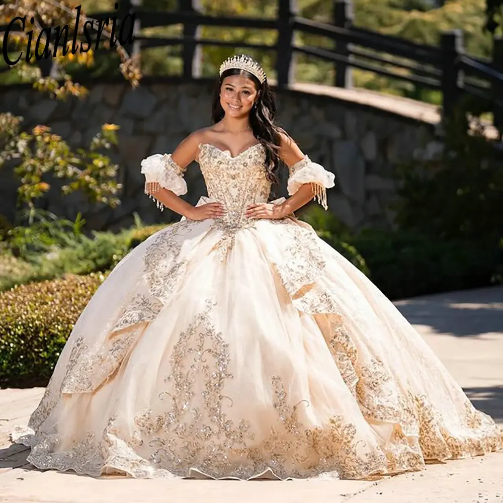 

Платье Quinceanera цвета шампанского со съемными рукавами и бисером, кисточками, бальное платье, расшитое блестками, аппликациями, оборками, корсет, Vestidos De XV Anos