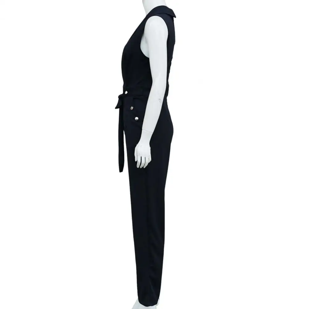 V-neck Slim Fit Jumpsuit Elegant V Neck Jumpsuit with Lace-up Strap Wide Leg Design for Women Formal Business Style Summer