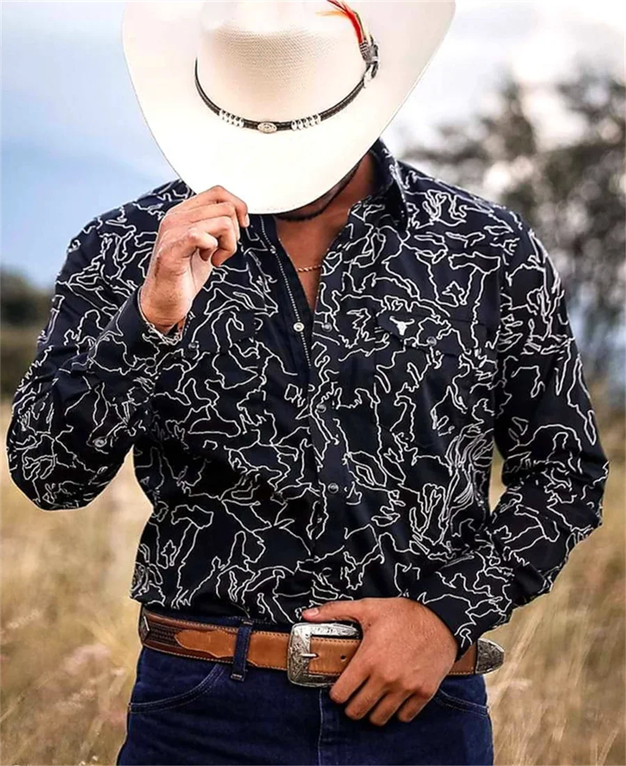 Western Tribal Shirt Denim Men's Casual Outdoor Party HD Pattern Button Soft Comfortable Lapel Shirt Long Sleeve T-Shirt
