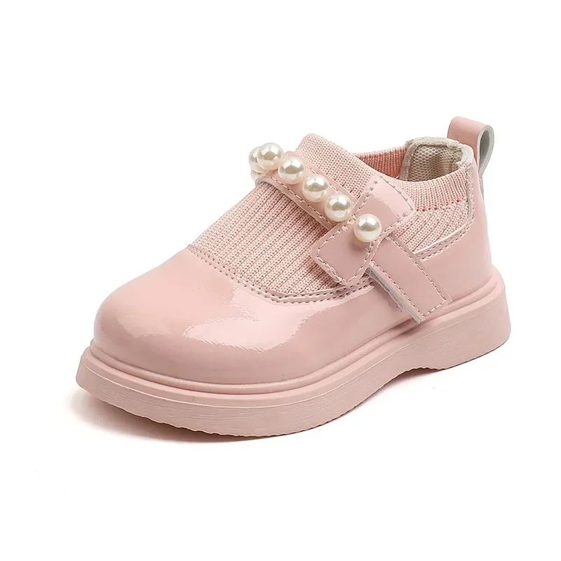 Baby Girls Leather Shoes Children Sneakers Sweet Princess Toddlers Girls Leather Flats Autumn Kids Shoes Black Pearls Beading