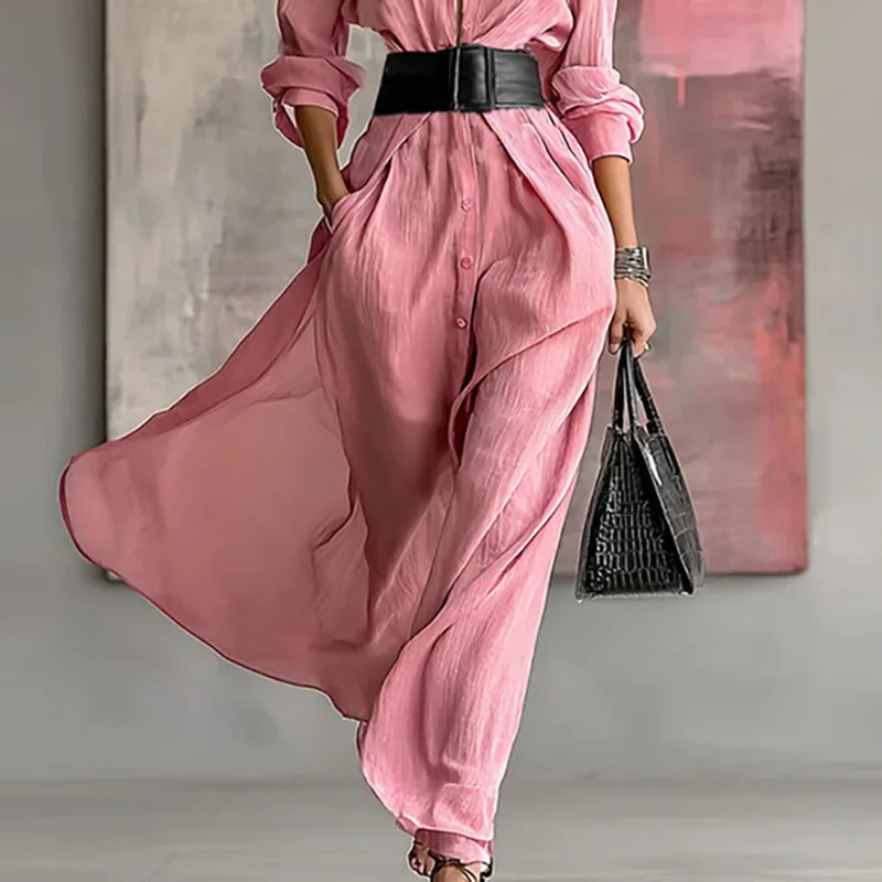 Abito camicia da donna monopetto primaverile da ufficio Abito elegante da donna slim solido Abito da festa autunnale a maniche lunghe a trapezio Vestido