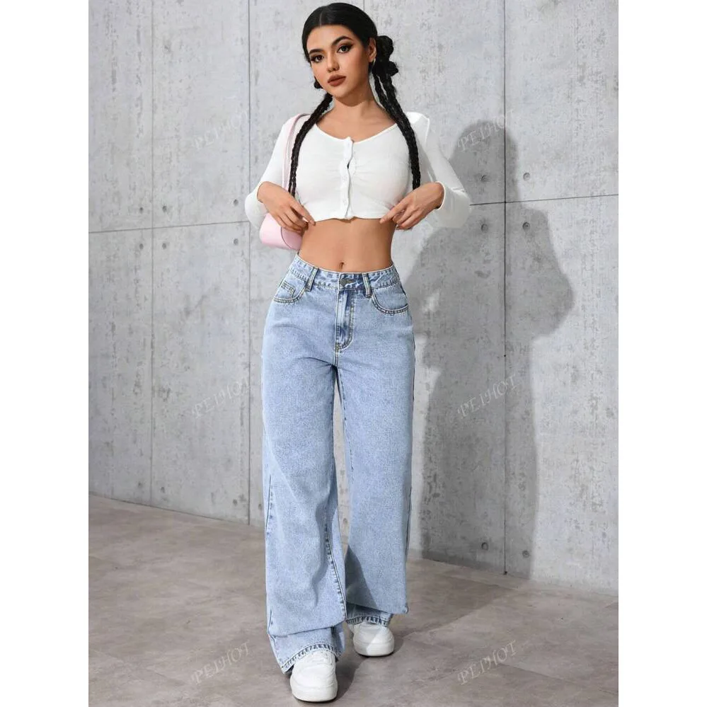 Women Solid Color Washed High-Waisted Elasticity Straight-Leg Jeans Loose Fashion Front & Back Pockets Jeans Suitable Daily