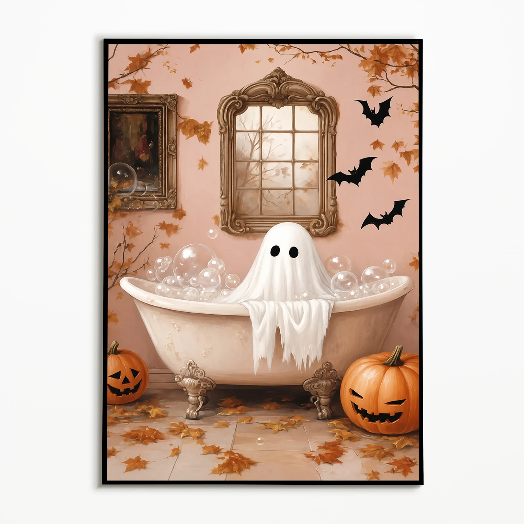 1pc frameless,1PC  Halloween Bathroom Funny Ghost Pumpkin Black Cat Poster  Toilet Reading Newspaper Ghost Wall Art  Frameless C