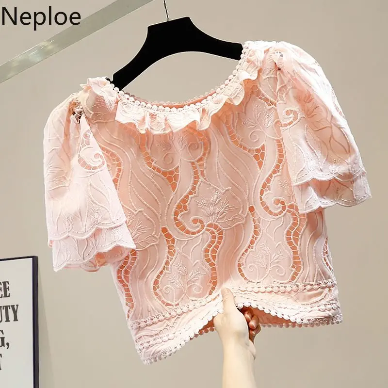 Neploe Fashionable Pleated Wooden Ear Edge Tees Stitching Hook Flower Hollow-Out Tops Delicate Water-Soluble Lace T-Shirts