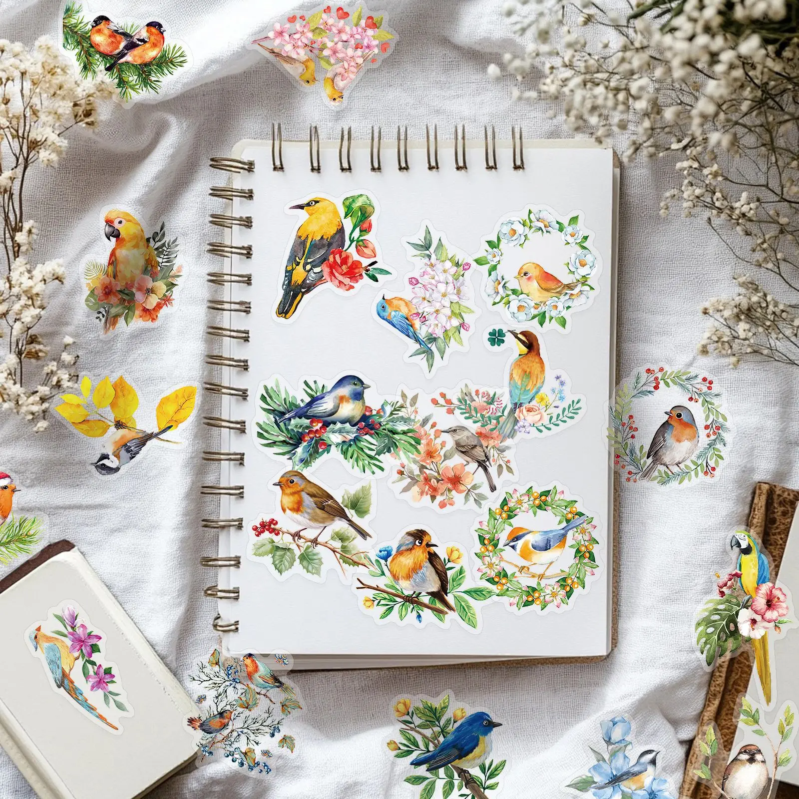50Pcs Watercolor Bird Stickers Pack Waterproof Transparent Brochure Flower Material Guitar Waterproof Sticker