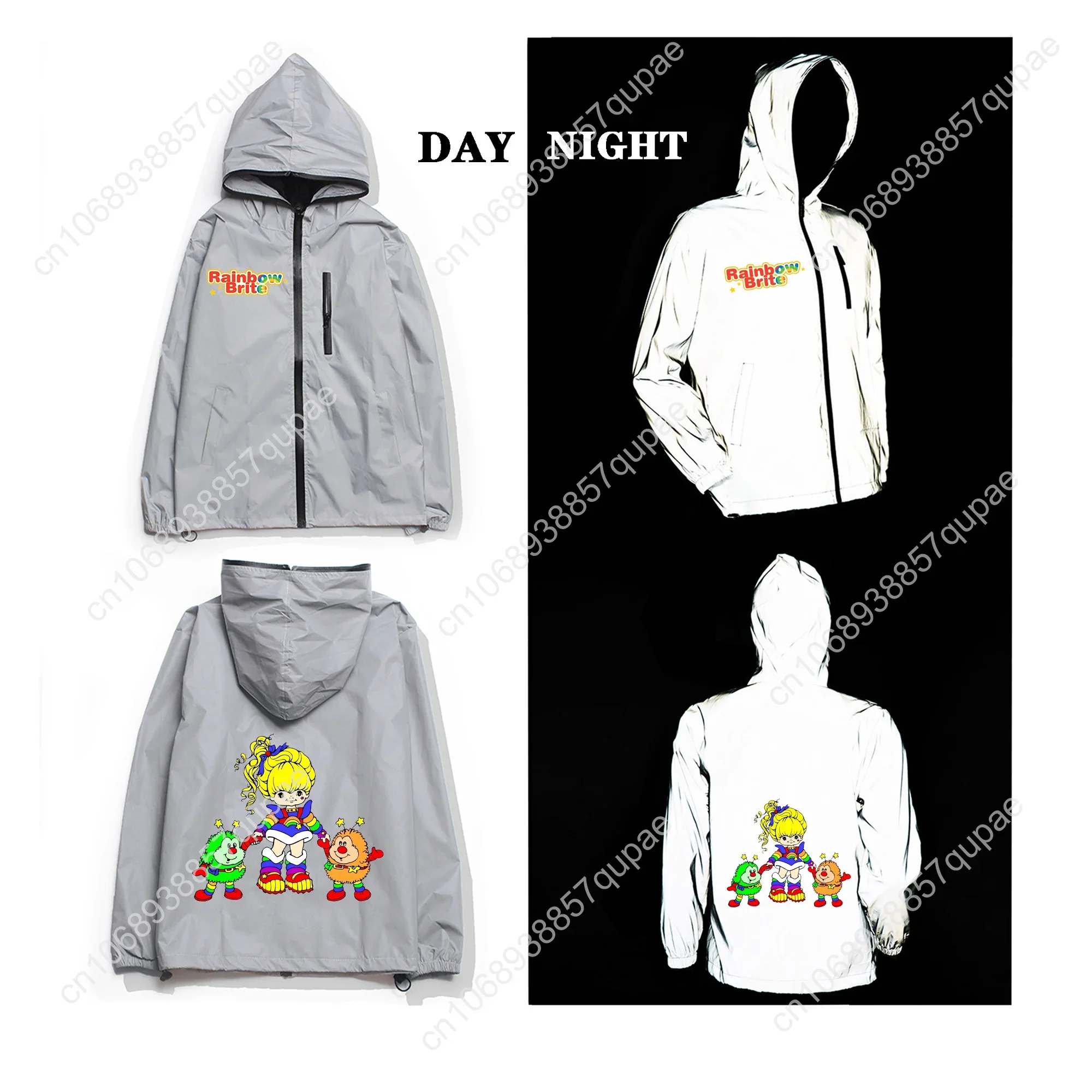 Rainbow Brite Reflective Jacket Anime Men Women Coat Hooded Windbreaker Run Pocket Jackets Cycling Hiking Zipper Custom Hoodie