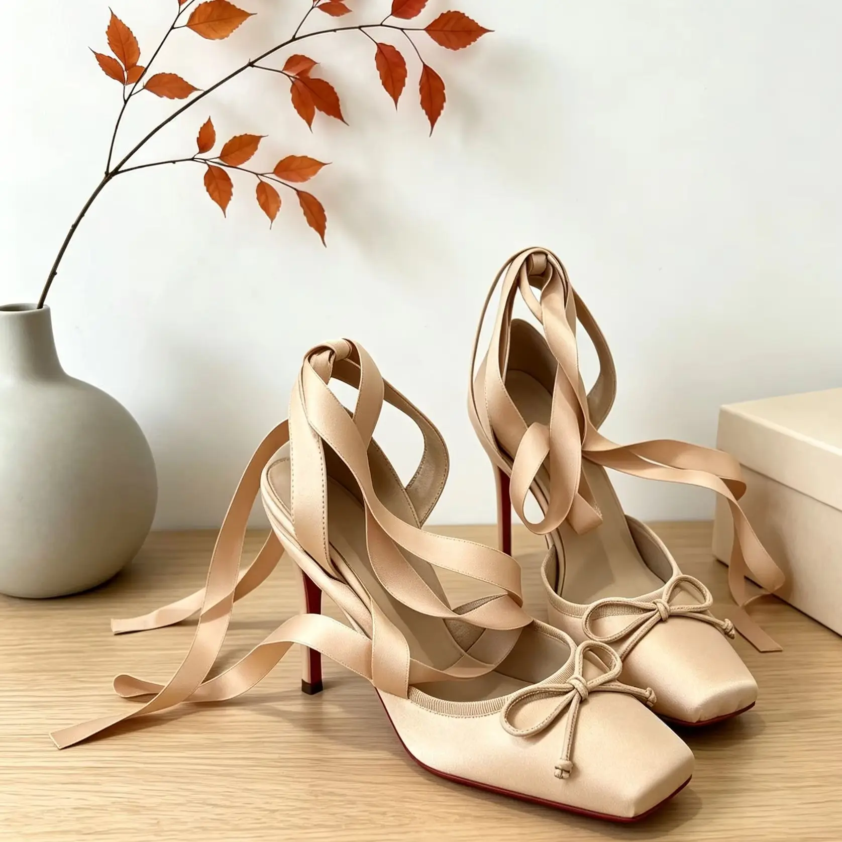 Women's Nude Satin Ballet Square Toe Stiletto Heels Pumps Ribbon Wrap Sweet Elegant Wedding Banquet Parties Ladies Sandals Shoes