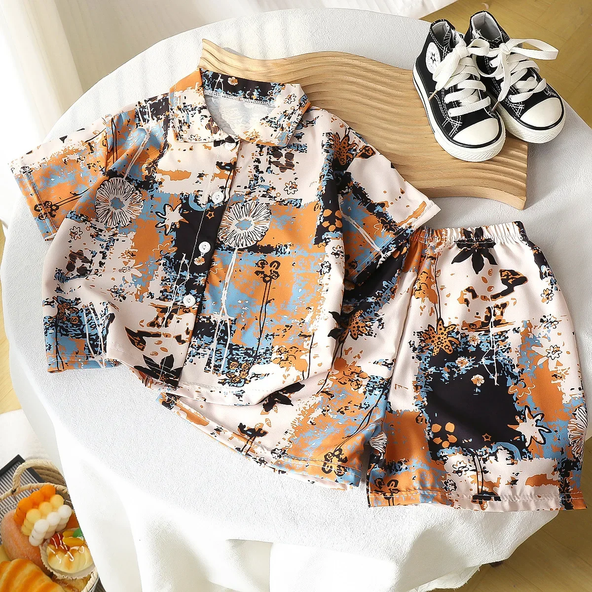 New 2025 Boys Summer Thin Loose Short Sleeve Lapel Shirt Tops + Shorts Kids Casual Oil Painting Style Print Clothing Sets