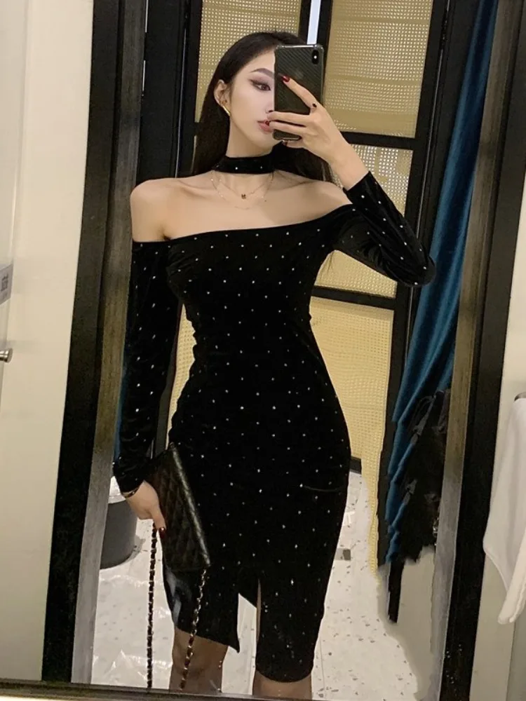 

Ele винтажное золотое Emed на одно плечо Dr, осенне-зимняя женская длинная юбка-миди с высокой талией, сексуальная юбка с разрезом