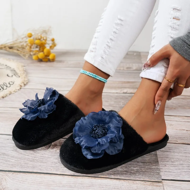 Zapatillas Baotou a la moda para mujer, zapatos planos antideslizantes y resistentes al desgaste con flores de ante y cabeza redonda para invierno