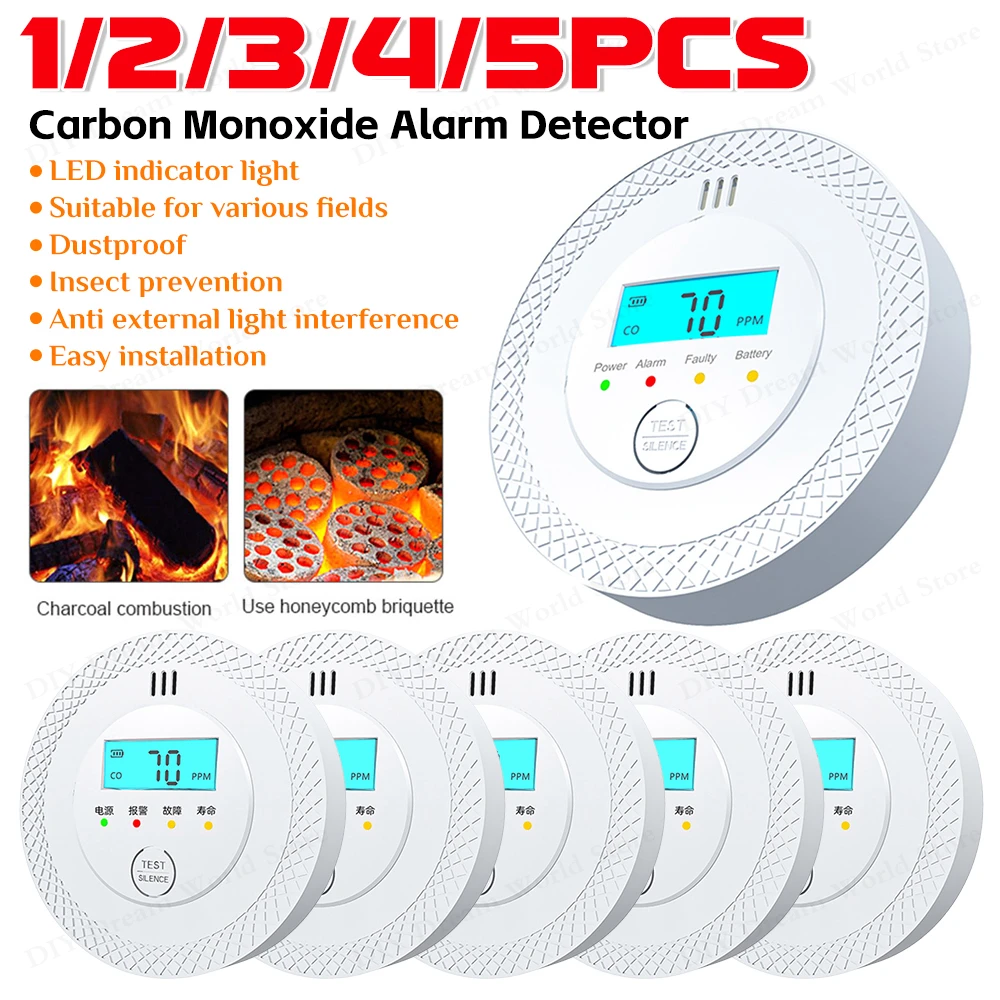 1-5PCS Independent CO Alarm Sensor Carbon Monoxide Alarm Detector 85dB High Sensitive Warning LCD Display for Home Depot