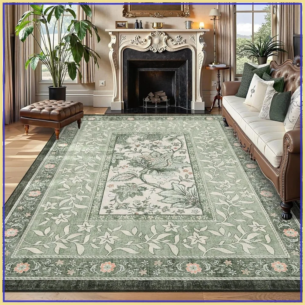 

Botanical Grove Sage Green Area Rug 8x10, Washable Vintage Carpet for Living Room Bedroom Dining Nursery Low-Pile