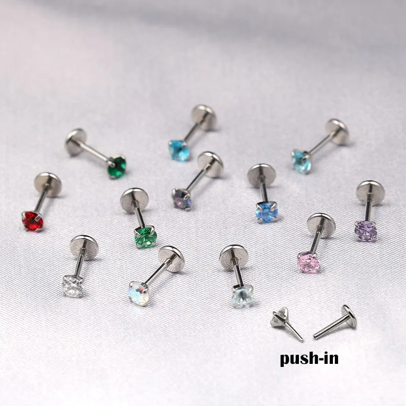 1PC Push-in Nose Studs Piercing Nose Rings Studs 20G Surgical Steel 3mm Cubic Zirconia Anti-allergic Helix Tragus Flat Ear Plugs