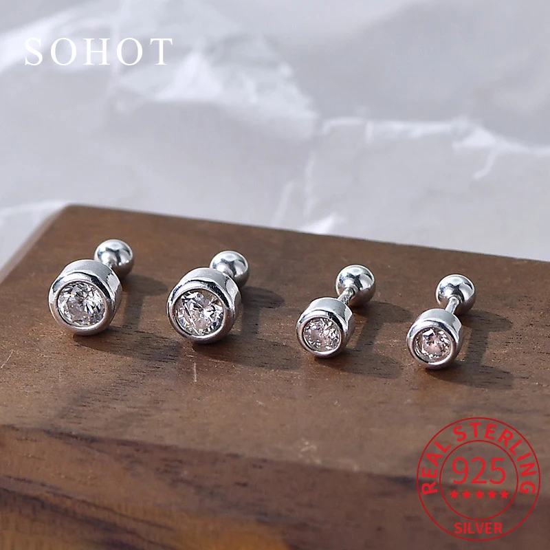 

Real 925 Sterling Silver Round Zircon Piercing Screw Bead Mini Stud Earrings for Women Fine Jewelry Minimalist Accessories