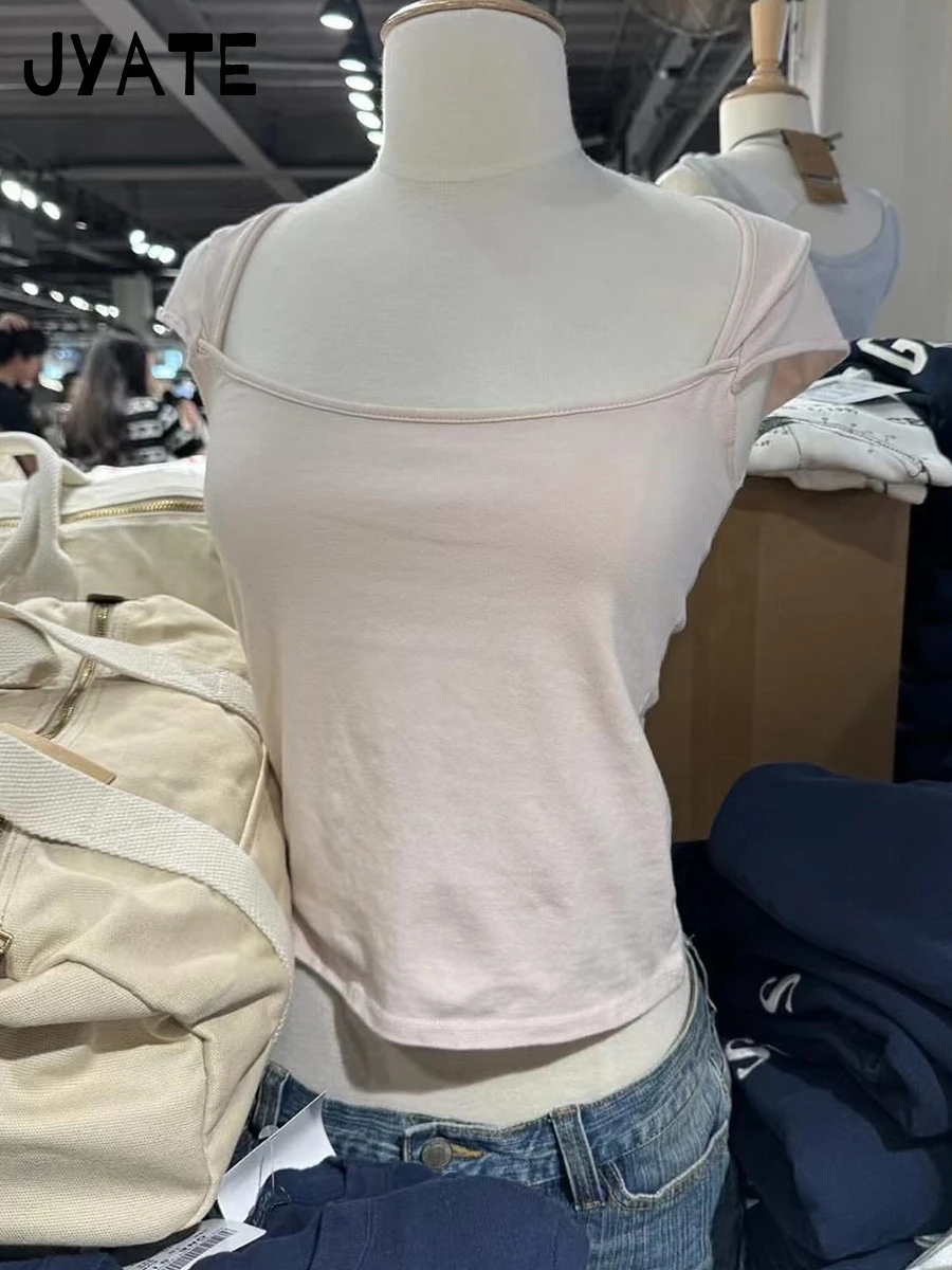 New Sweet Pink Cotton Crimping Short Sleeve Tees Women Summer Casual Simple Square Collar Crop Tops Vintage Basic Y2K T-shirts — zdjęcie 3