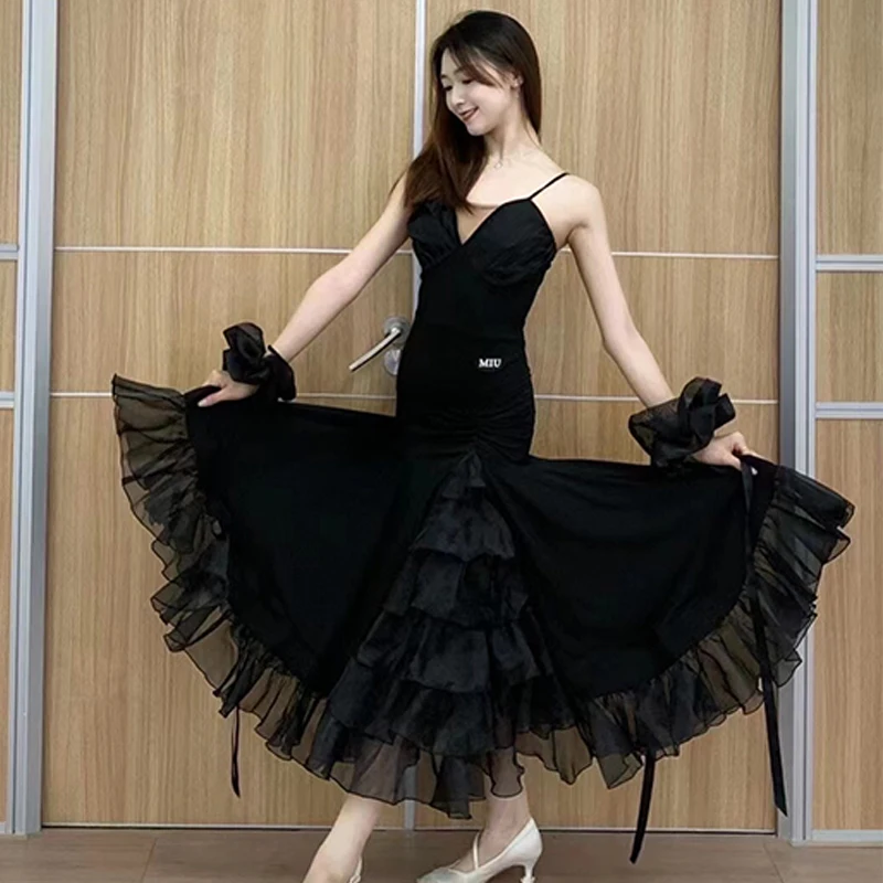 

Ballroom Dance Dress Women Modern Dance Clothes Black Long Dress Cake Mesh Skirt Waltz Performance Costume Practice Wear BL8626