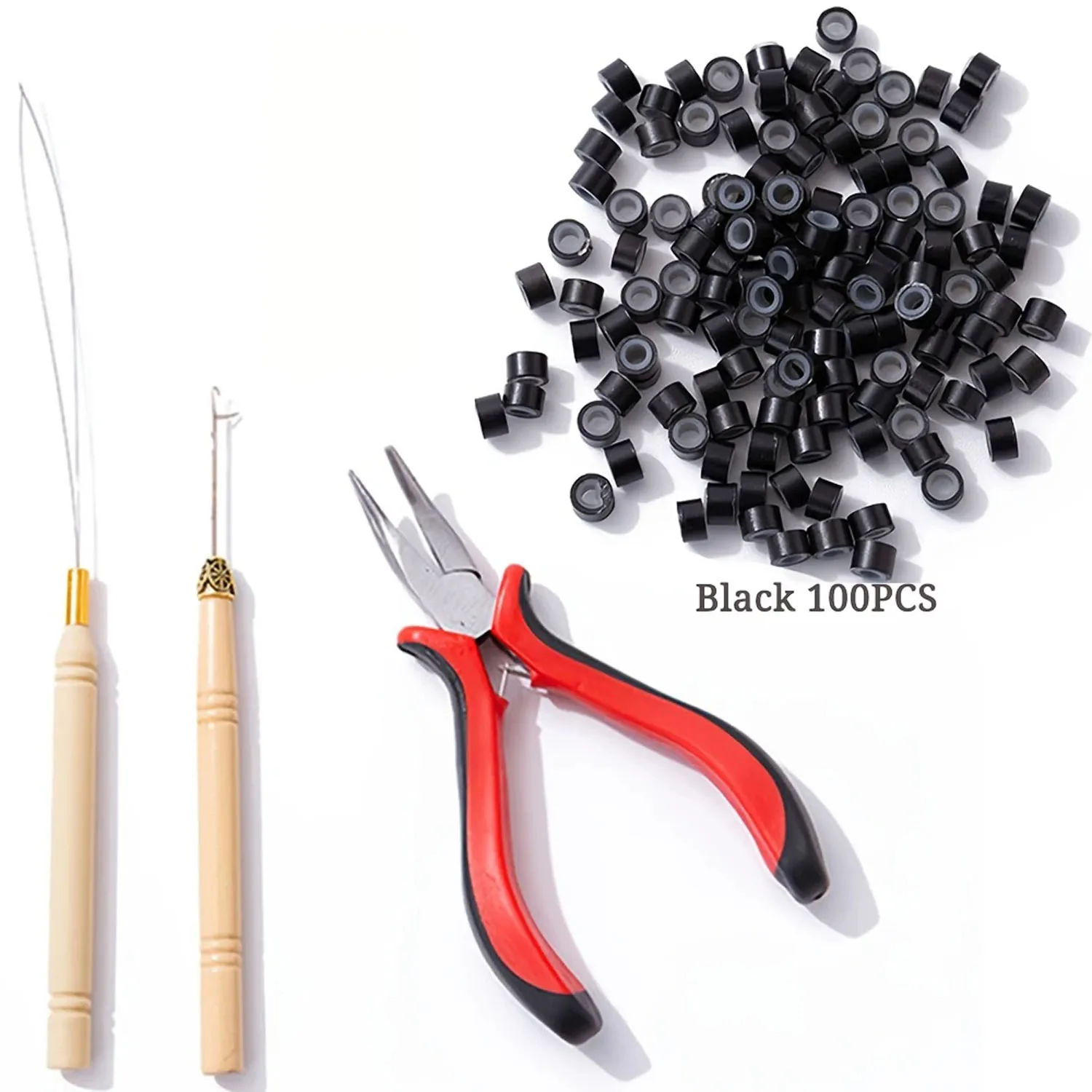 Kit de herramientas para extensiones de cabello, alicates para extensiones de cabello con punta I, gancho para tirar, dispositivo de cuentas, kits de herramientas y 100 Uds., microeslabones de 5 mm, cuentas de anillos