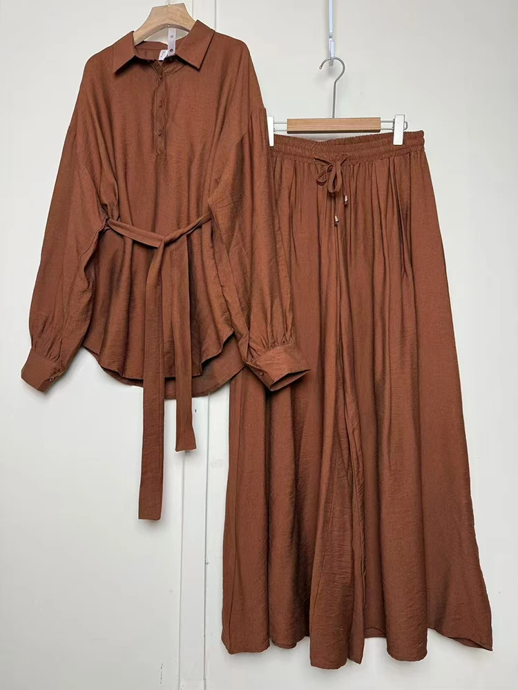 Designer retro solid color lapel tie waist pullover shirt two-piece 2026 spring ladies+loose wide-leg pants skirt fashion suit