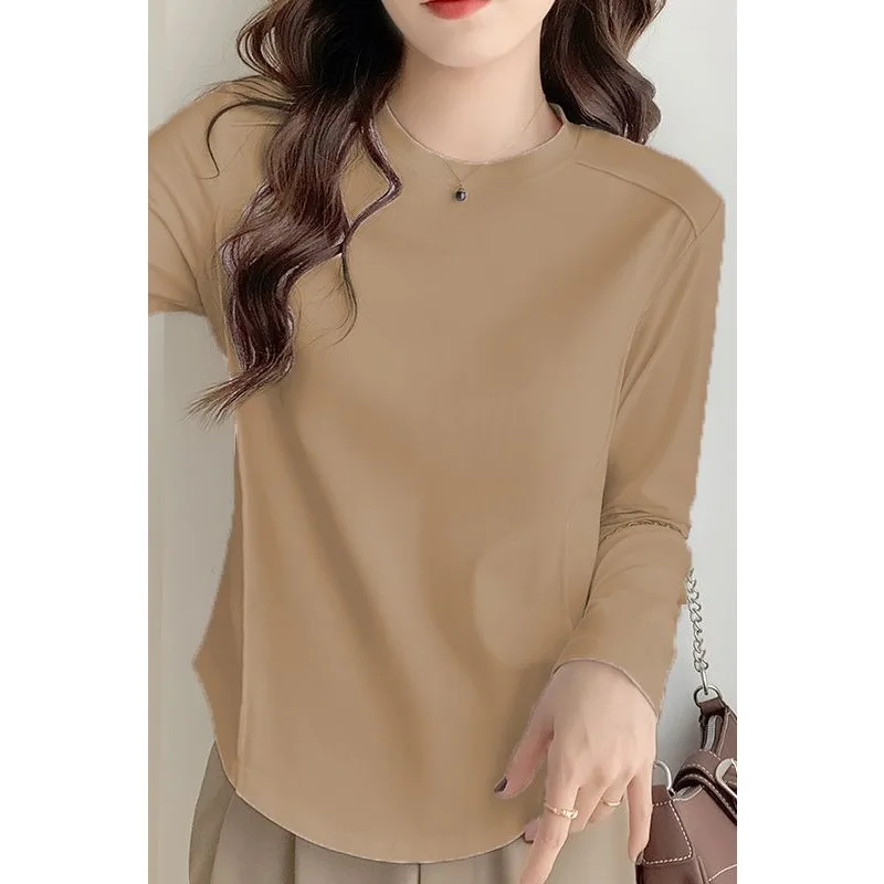 Autumn Winter Thin Long-sleeved Bottoming Shirt for Women Fashionable Fishbone Design Irregular Curved Hem Inner Top