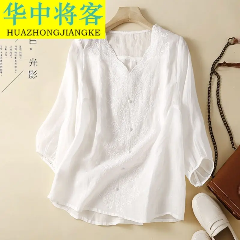 تي شيرت بأكمام سبعة أرباع فضفاض مناسب للتخسيس للأمهات في منتصف العمر ورقبة على شكل حرف v ملابس صيفية بلوفر رفيع