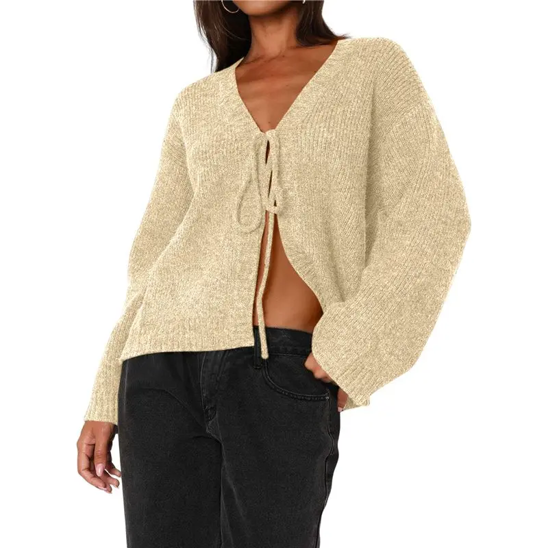GROCE-Women's Tie Front Cropped Cardigan Sweater V-Neck Open Front Sweater Crochet Cable Ribbed Knit Top
