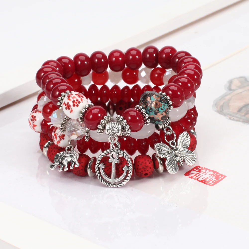 Pulseiras Bohemian Set para Mulheres, Empilhável, Borboleta, Elefante, Pingente De Âncora, Pulseira De Contas