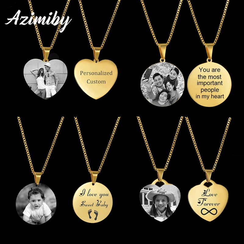 Azimiby Custom Photo Name Necklace Stainless Steel Laser Engraved Picture Text Round Tag Choker Family Couple Jewelry Gifts