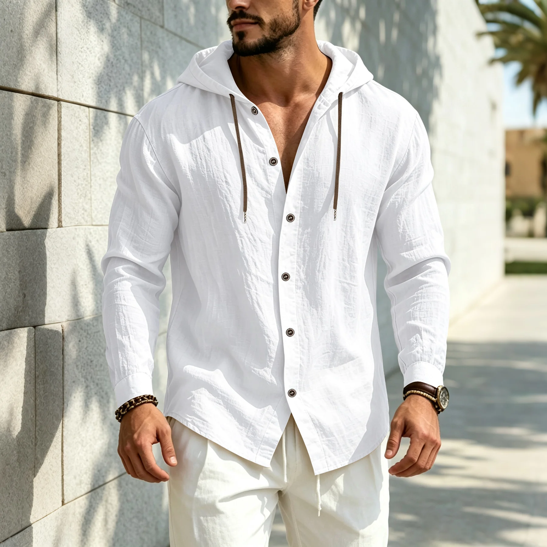 Men's Hooded Button‑Up Long Sleeve Shirt, Drawstring Hood Casual Tops Breathable Linen‑Texture Daily Blouse For Men