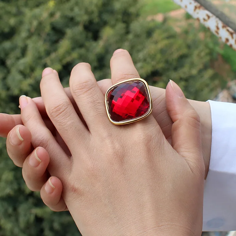 Red Big Glass Stone Rings Stainless Steel Square Large Rings Finger Decoration for Women Ladies Wedding Parties