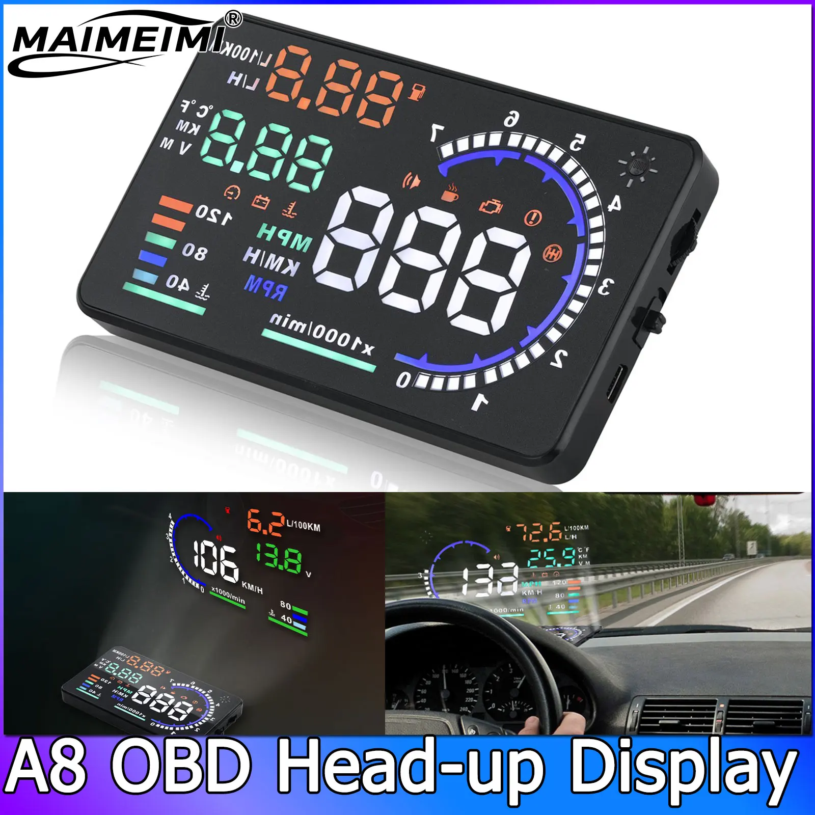 QC A8 OBD HUD LED Windshield Projector Speedometer Car Head Up Display Speeding Warning Water Temp RPM Fault Voltage Alarm