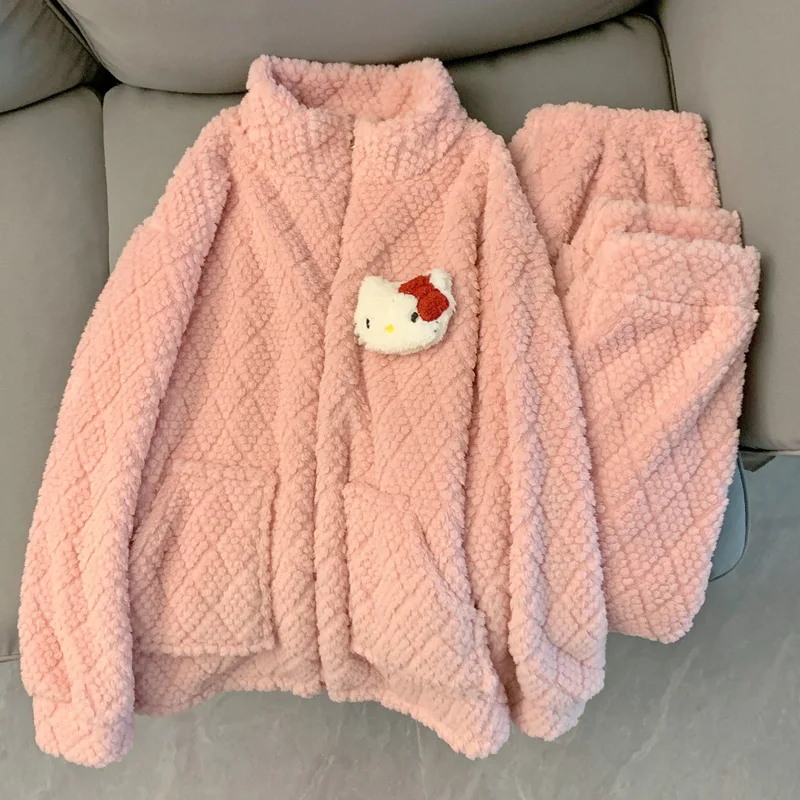 

HelloKitty Cinnamoroll Velvet Thickened Warm Coral Velvet Sleepwear Women's Autumn and Winter Cardigan Zipper Home Clothes Set