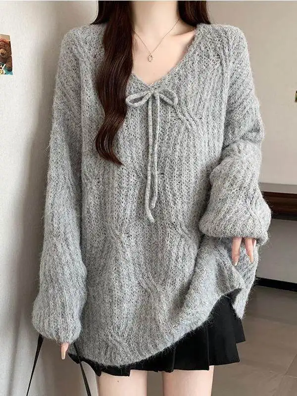 Fashionable Korean Style Loose Long Sleeve Knitted Sweater V-Neck Elastic Bottoming Top Women's Premium Quality Comfortable Fit