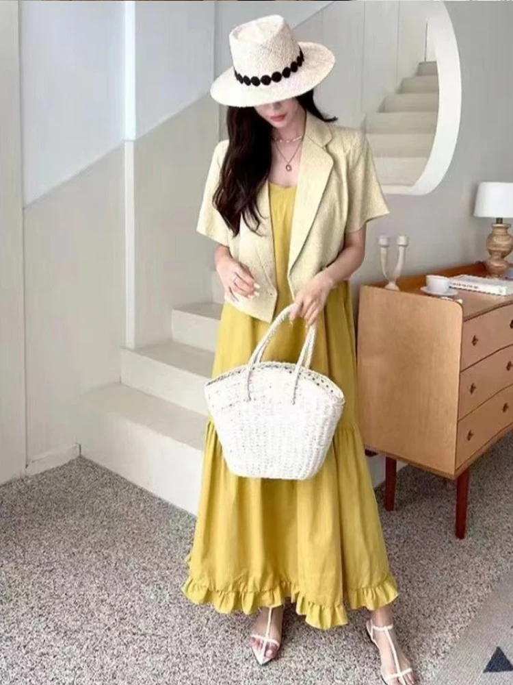 ชุดเดรสยาวสไตล์เกาหลีสำหรับผู้หญิง รุ่นใหม่ประจำฤดูร้อน แบรนด์ Dr French South Faion แบบเปิดไหล่ แต่งขอบลูกไม้