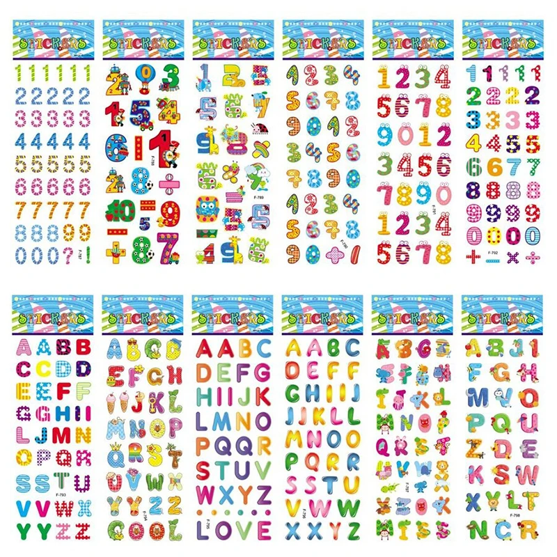 12PCS Bubble Stickers Numeric Alphabet Children Learning Stickers Cute Waterproof DIY Sticker Early Education Reusable TMZ