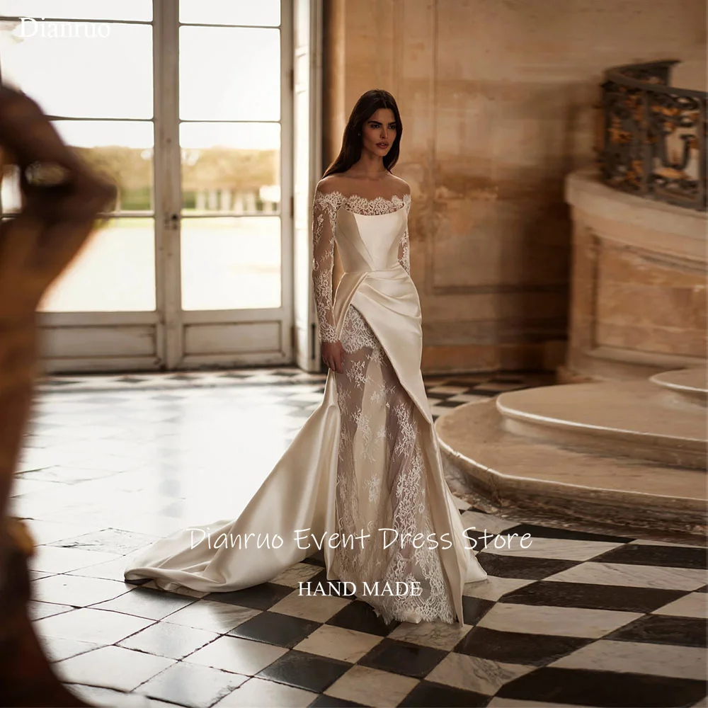 

Dianruo Strapless Appliques Wedding Dress Train Mermaid Vestido De Noiva Sophisticated Floor Length Evening Dress Customized