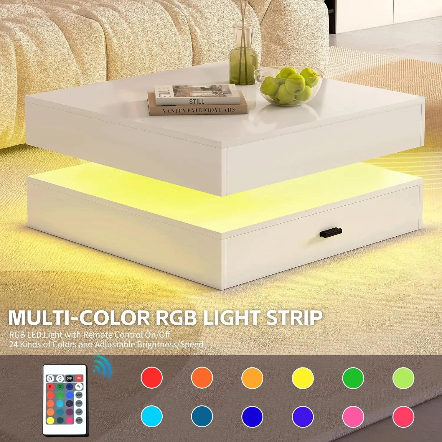LED Coffee Table for Living Room - 2-Tier Modern High Gloss Square Table with Storage Drawers, 24-Color Adjustable Lights, Conte