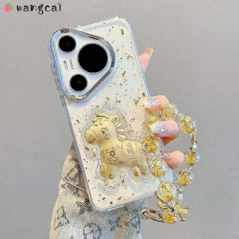 

Luxury Gold Foil Pony Phone Case For Vivo V40 V30 V29 V27 Pro T4 T3 Ultra T3X 5G New Year Cover With Bow Bracelet