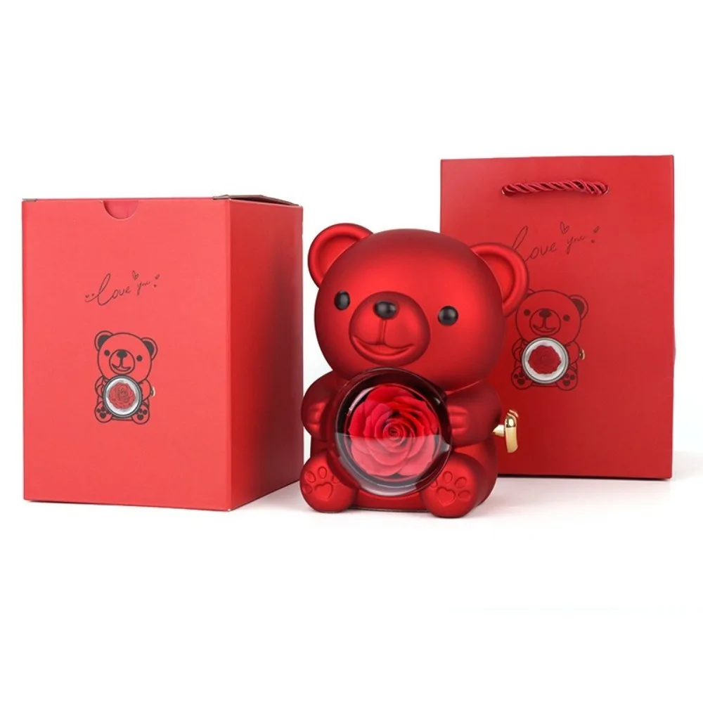 

Plastic Rotating Hugging Bear Jewelry Box Cute Jewelry Display Bear Shape Jewelry Box with Soap Rose Romantic Gift Box