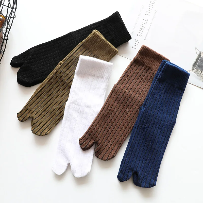 

5 Pairs/lot Tabi Socks Men Cotton Autumn Winter Thick Middle Tube Striped Solid Color Sweat-absorbing Warm Split Toe Socks