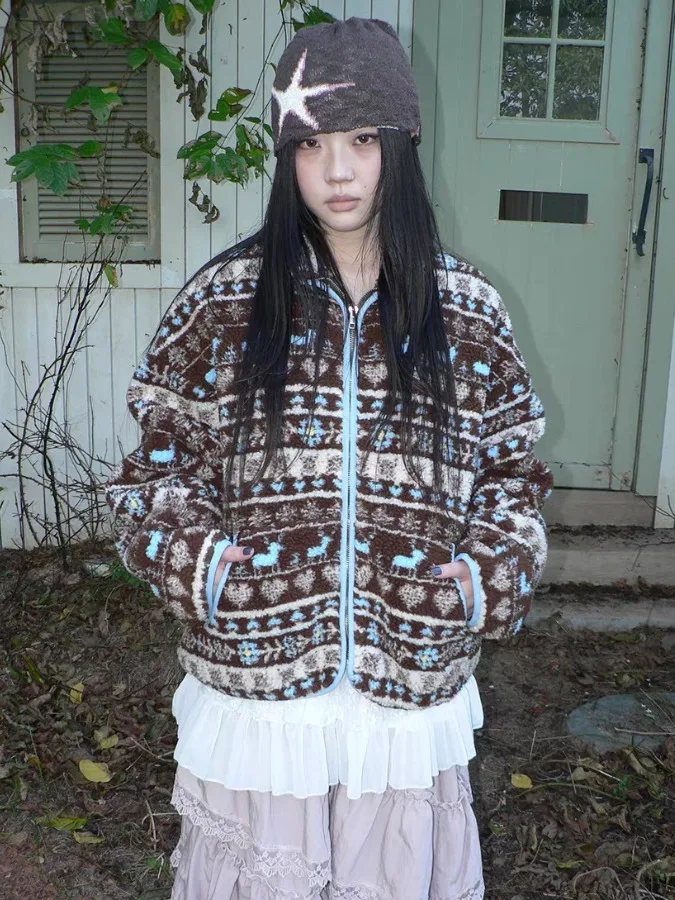 Retro fair isle bordado lapela cor blo pele de cordeiro jaet feminino inverno aosphere solto preguiçoso sle casaco de algodão na moda