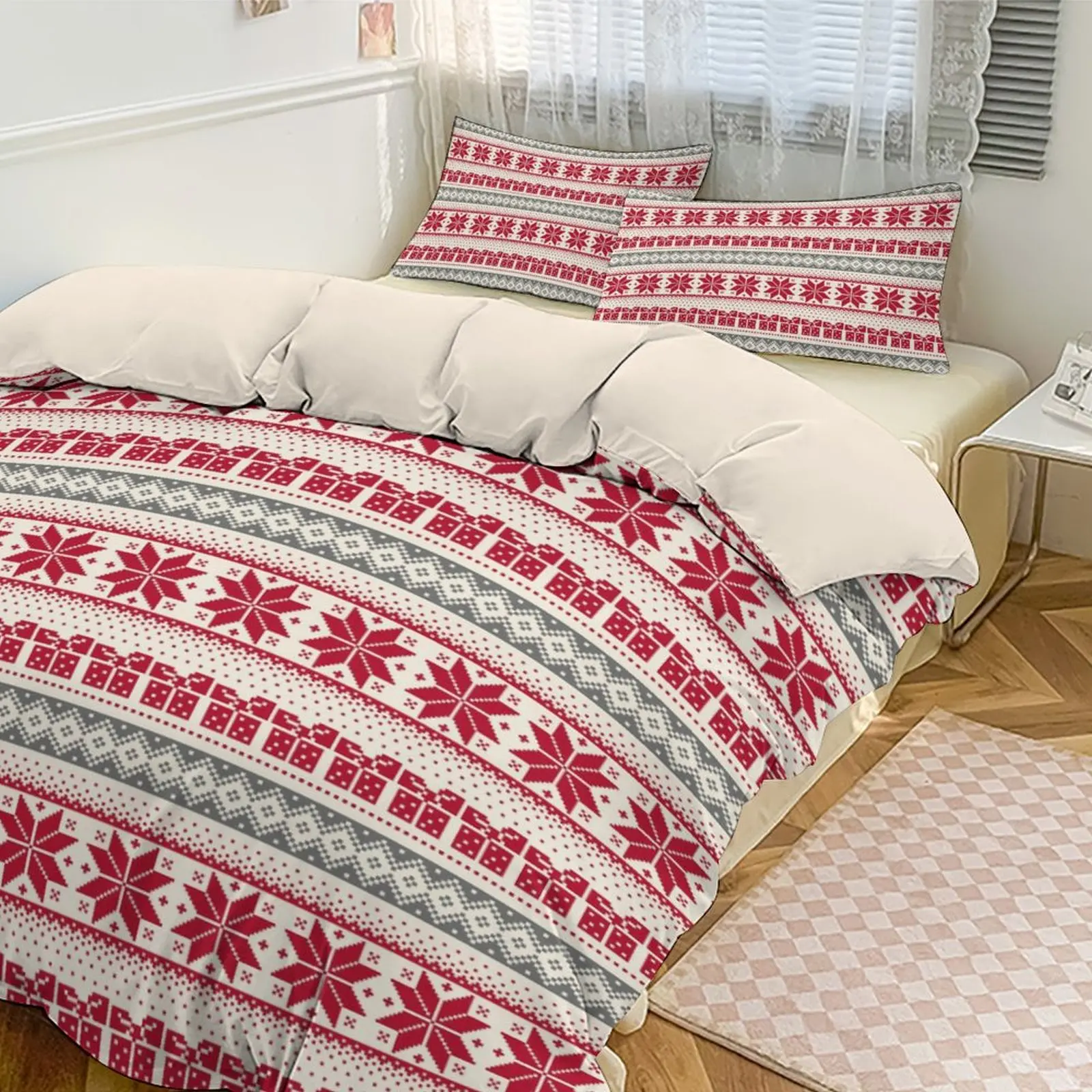 

Christmas Snowflake Striped Brushed Bedding Set, 1 Duvet Cover + 2 Pillowcases, for Home/B&B Decor