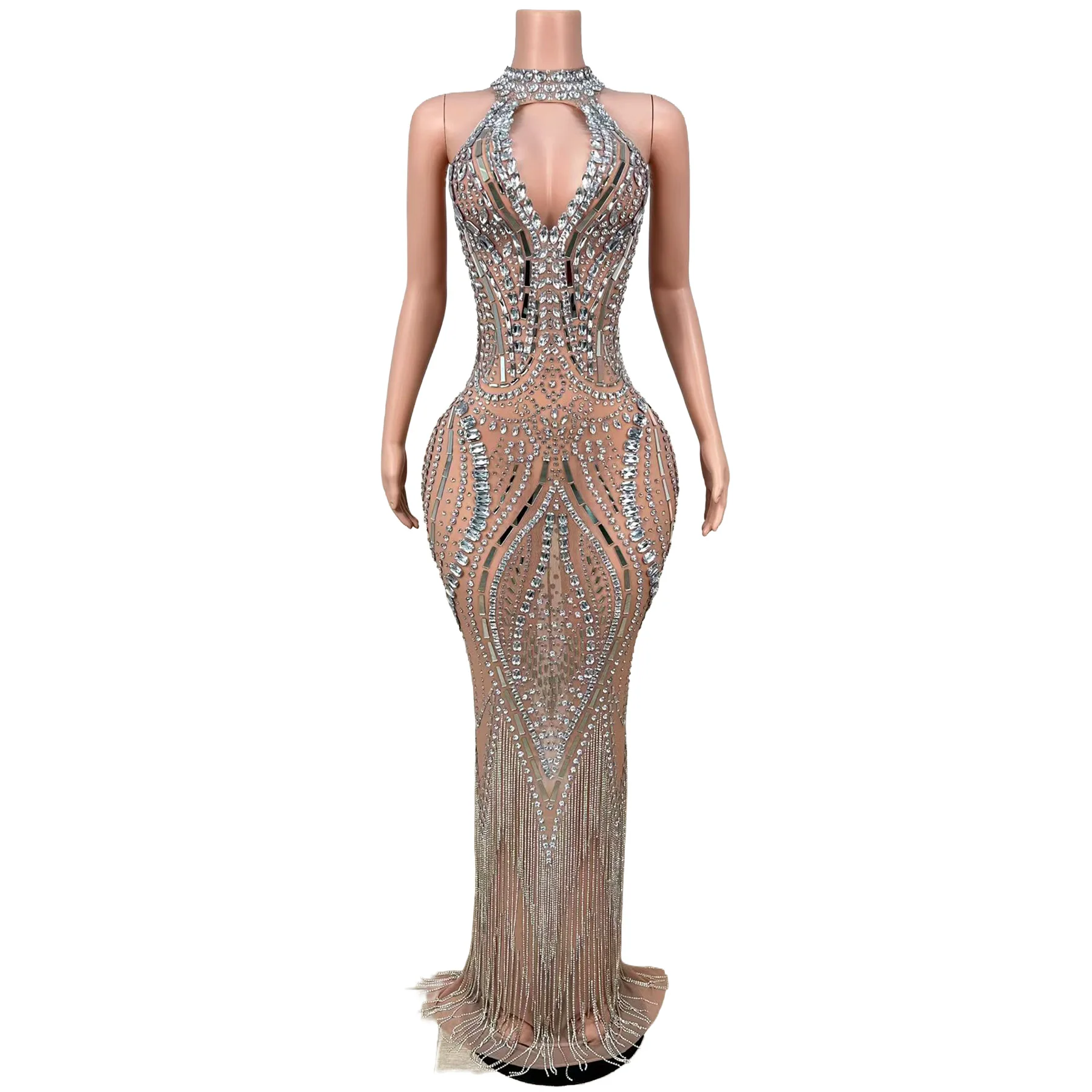 Leiyu Elegant Hollow Chest Halter Silver Geometric Crystal Mesh Mermaid Dress Tassel Fringe Hem Bodycon Photoshoot Gown