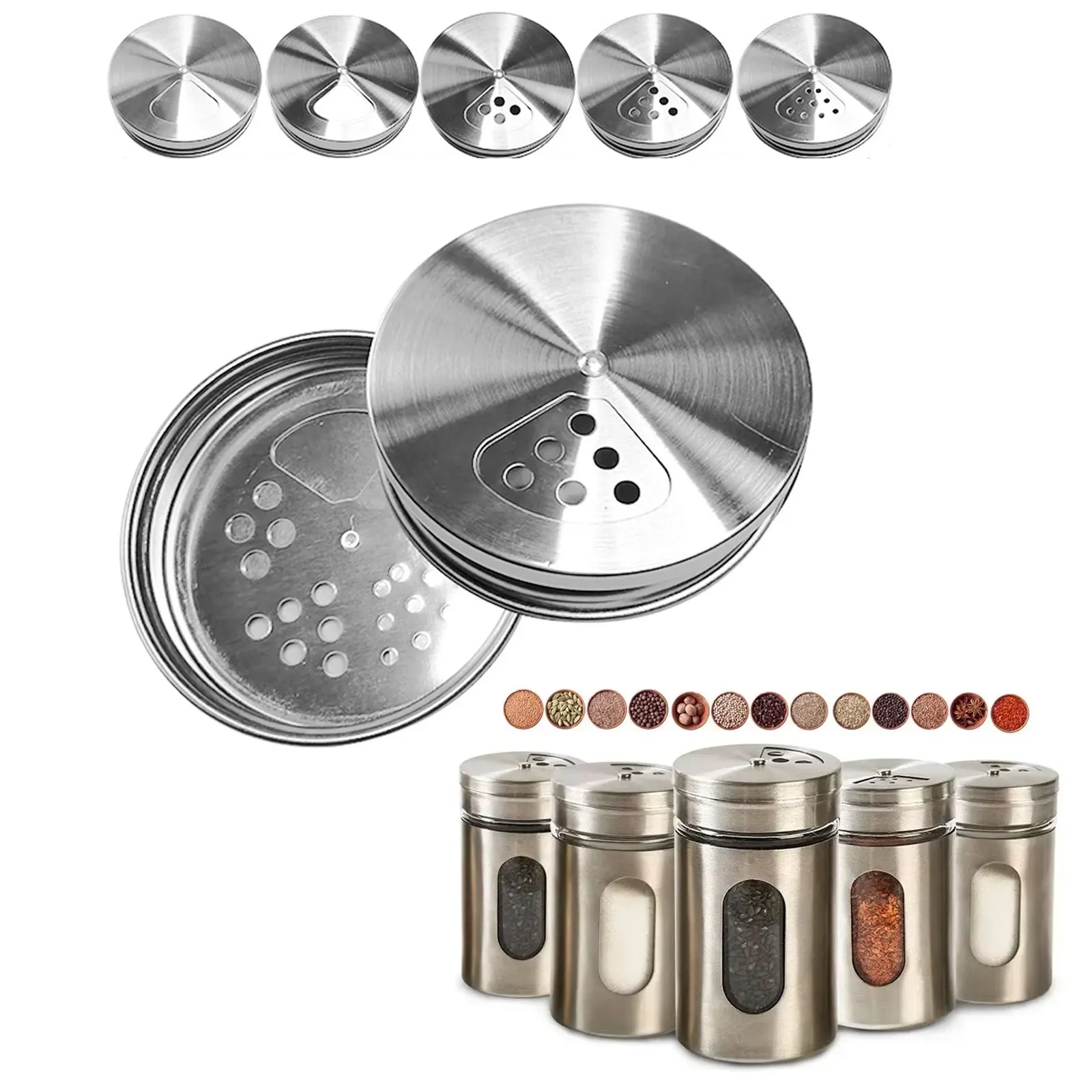 ‌6/12pc Stainless Steel Spice Jar Lid with Adjust Holes for Salt Pepper BBQ Spices‌ Jar Cover Cap Spice Storage Box Sealling Lid