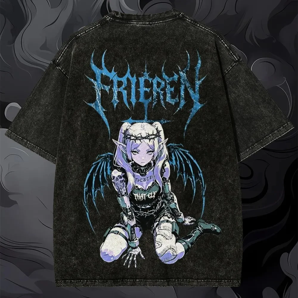 Frieren: Beyond Journey's End Anime T-Shirt Frieren Short Sleeve Vintage Washed Graphic Print Cyber Gothic Mechanical Arms Bat