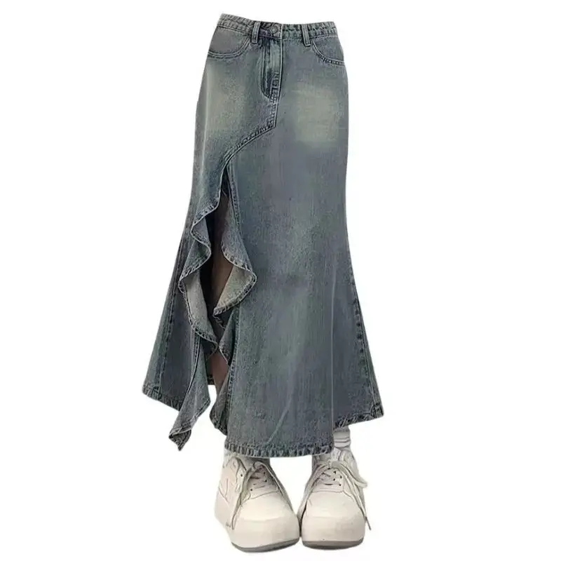 TrendyClassic Retro Wavy Irregular Half-slit Blue Denim Skirt Women's Slim-fitting Hip-hugging Comfortable Shopping PopularSkirt