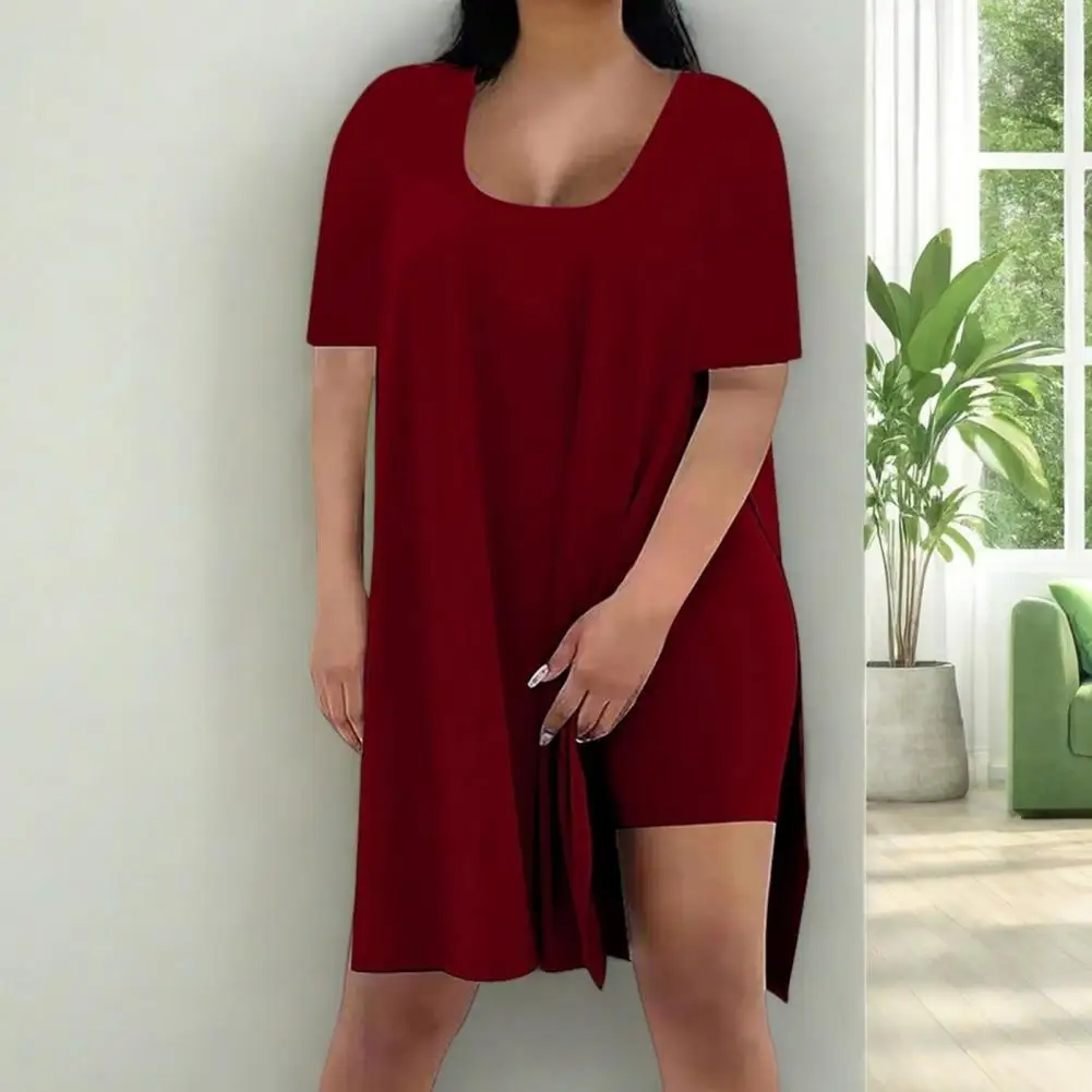 2026 Women Plus Size 2 Piece Outfits Side Split Short Sleeve Tunic Tops And Skinny Biker Shorts Sets Summer Lounge Tracksuit